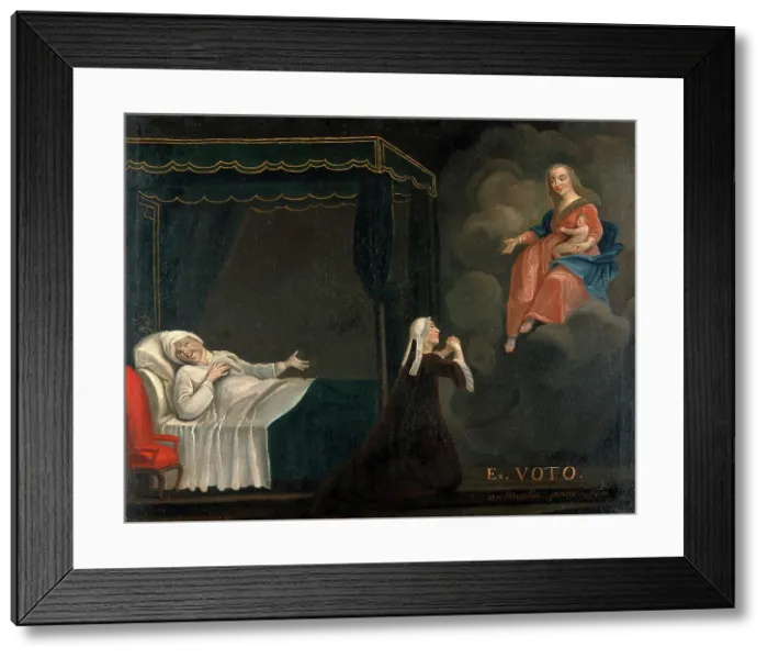 Framed Print : A sick man in bed, a woman praying to the Virgin and Child, c1750s. Creators: Unknown, Du Moulin Framed Print : A sick man in bed, a woman praying to the Virgin and Child, c1750s. Creators: Unknown, Du Moulin