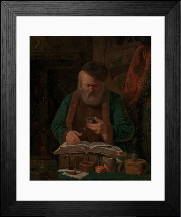 Framed Print : An alchemist or chemist examining a liquid, 1841. Creator: Charles-Emile Francois Framed Print : An alchemist or chemist examining a liquid, 1841. Creator: Charles-Emile Francois