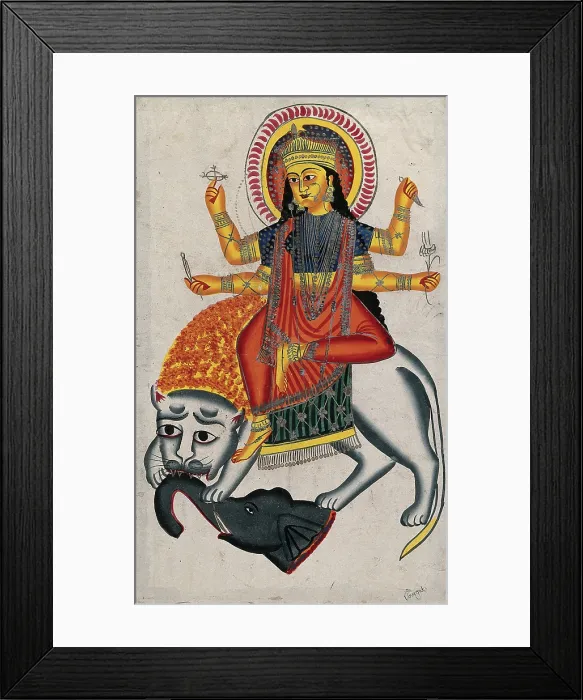 Framed Print : Durga riding on her lion killing a demon, (between 1800 and 1899?). Creator: Unknown Framed Print : Durga riding on her lion killing a demon, (between 1800 and 1899?). Creator: Unknown