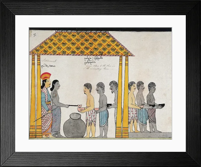 Framed Print : The representative of the people of Jetuttara gives alms to the poor in the victualling rooms, 1815. Creator: Unknown Framed Print : The representative of the people of Jetuttara gives alms to the poor in the victualling rooms, 1815. Creator: Unknown