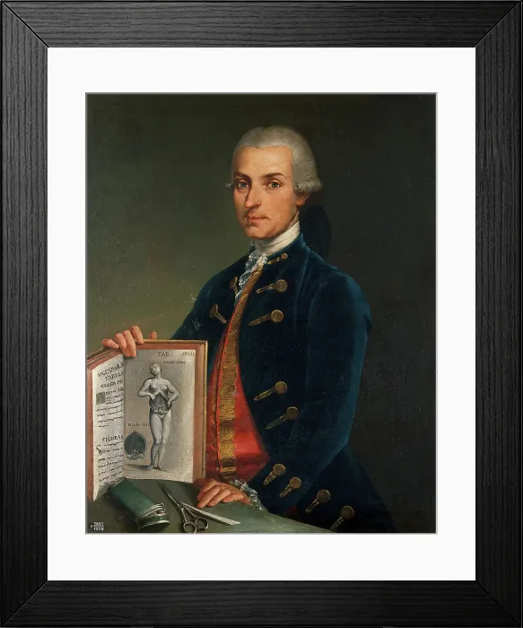 Framed Print : A man holding an anatomy book with an engraving of a woman showing her viscera, 18th century. Creator: Unknown Framed Print : A man holding an anatomy book with an engraving of a woman showing her viscera, 18th century. Creator: Unknown
