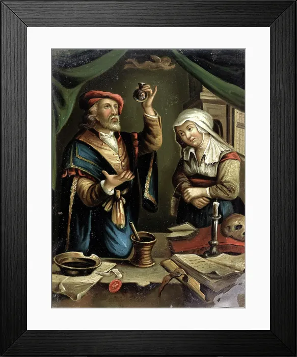 Framed Print : A physician examining a flask of urine brought by a young woman, c1670s. Creator: Unknown Framed Print : A physician examining a flask of urine brought by a young woman, c1670s. Creator: Unknown