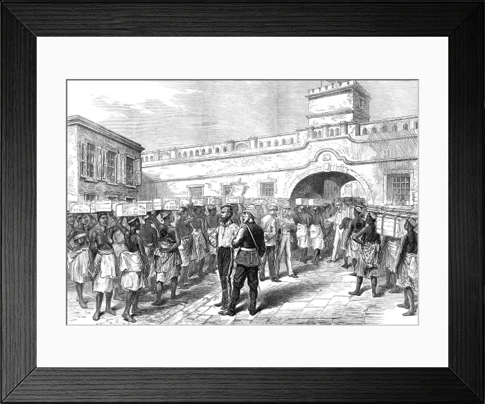 Framed Print : Sketches of the Ashantee War: women leaving Cape Coast Castle with provisions for the troops, 1874. Creator: Unknown Framed Print : Sketches of the Ashantee War: women leaving Cape Coast Castle with provisions for the troops, 1874. Creator: Unknown