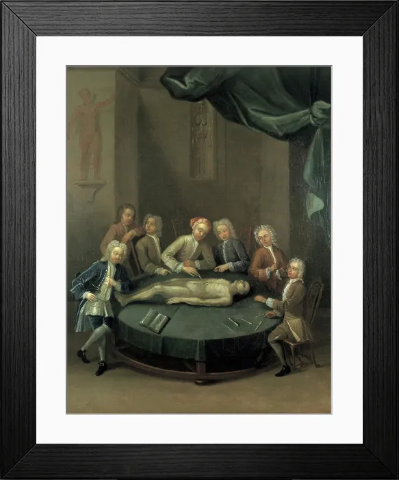 Framed Print : William Cheselden giving an anatomical demonstration to six spectators in the anatomy...1730s. Creator: Unknown Framed Print : William Cheselden giving an anatomical demonstration to six spectators in the anatomy...1730s. Creator: Unknown