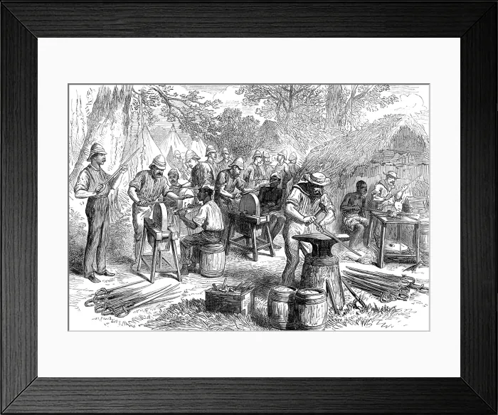 Framed Print : The Ashantee War: sharpening cutlasses...at Prah-Su, from a sketch by our special artist, 1874. Creator: Unknown Framed Print : The Ashantee War: sharpening cutlasses...at Prah-Su, from a sketch by our special artist, 1874. Creator: Unknown