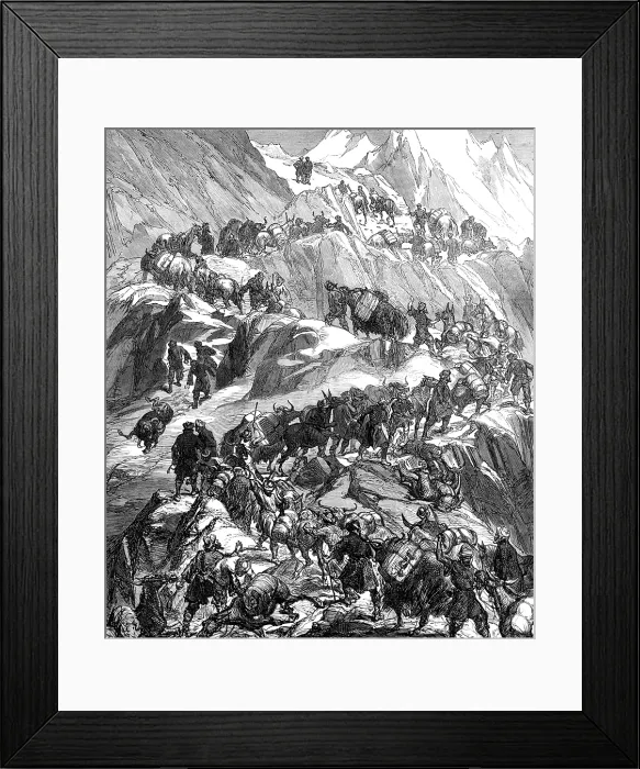 Framed Print : The Yarkund Mission: mules and baggage-train going over the Grim (Sanjoo) Pass, 1874. Creator: Unknown Framed Print : The Yarkund Mission: mules and baggage-train going over the Grim (Sanjoo) Pass, 1874. Creator: Unknown