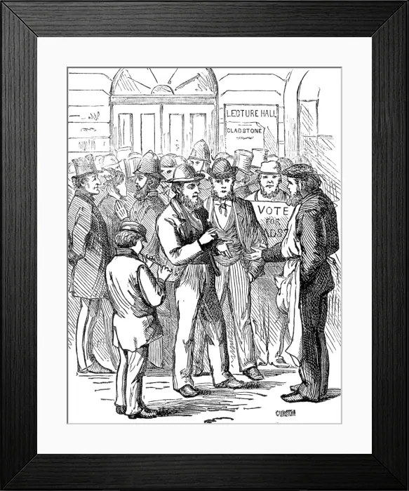 Framed Print : Metropolitan Boroughs election sketches: Too Late!, 1874. Creator: Unknown Framed Print : Metropolitan Boroughs election sketches: Too Late!, 1874. Creator: Unknown