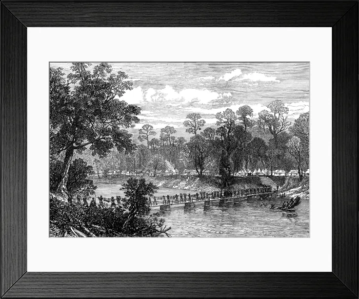 Framed Print : The Ashantee War: the Camp at Prah-Su - native artillery crossing the river... 1874. Creator: Unknown Framed Print : The Ashantee War: the Camp at Prah-Su - native artillery crossing the river... 1874. Creator: Unknown