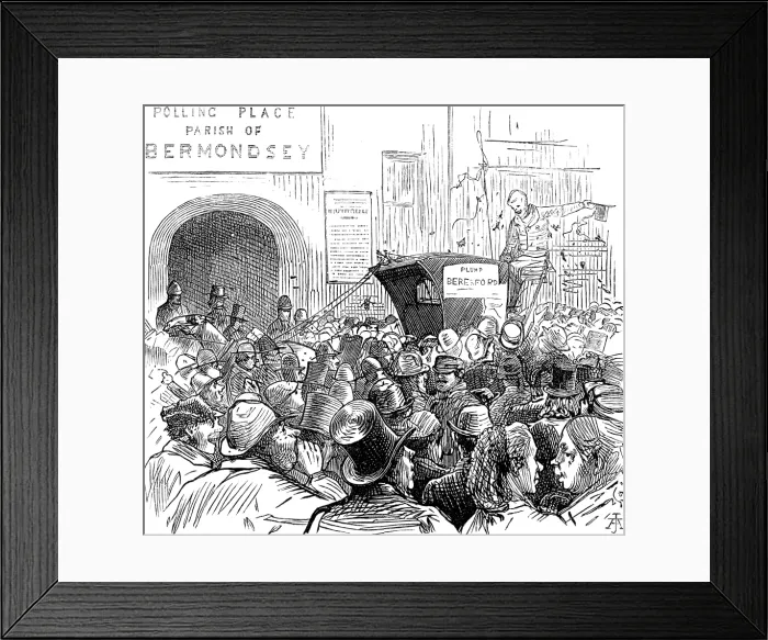 Framed Print : Metropolitan Boroughs election sketches: a martyr in the cause, 1874. Creator: Unknown Framed Print : Metropolitan Boroughs election sketches: a martyr in the cause, 1874. Creator: Unknown