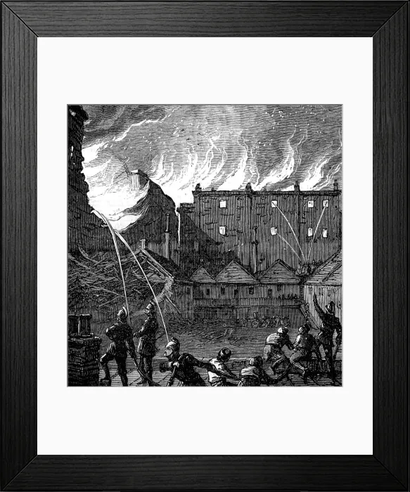 Framed Print : The Burning of the Pantechnicon: the fire, seen from the roof of Rice's Stables, 1874. Creator: Unknown. The Burning of the Pantechnicon: the fire, seen from the roof of Rice's Stables, 1874. Creator: Unknown Framed Print : The Burning of the Pantechnicon: the fire, seen from the roof of Rice's Stables, 1874. Creator: Unknown. The Burning of the Pantechnicon: the fire, seen from the roof of Rice's Stables, 1874. Creator: Unknown