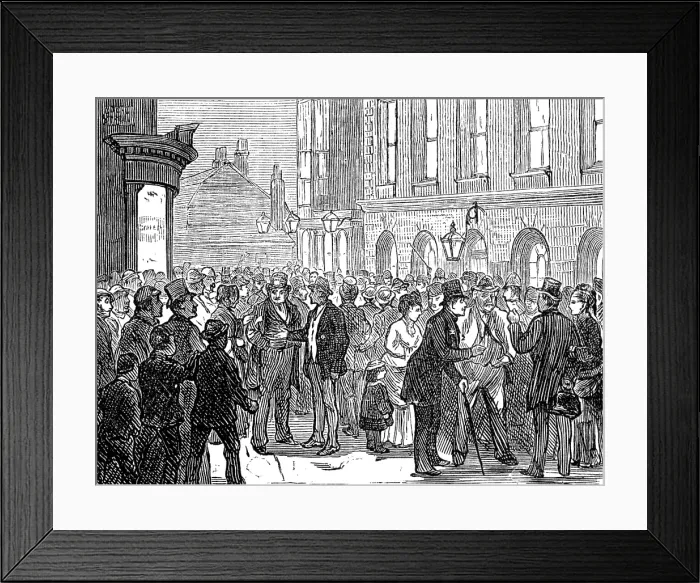 Framed Print : Metropolitan Boroughs election sketches: waiting for the declaration of the poll, 1874. Creator: Unknown Framed Print : Metropolitan Boroughs election sketches: waiting for the declaration of the poll, 1874. Creator: Unknown