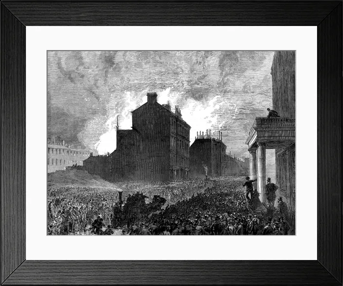 Framed Print : The Burning of the Pantechnicon: the fire, seen from Belgrave-Square, 1874. Creator: Unknown Framed Print : The Burning of the Pantechnicon: the fire, seen from Belgrave-Square, 1874. Creator: Unknown
