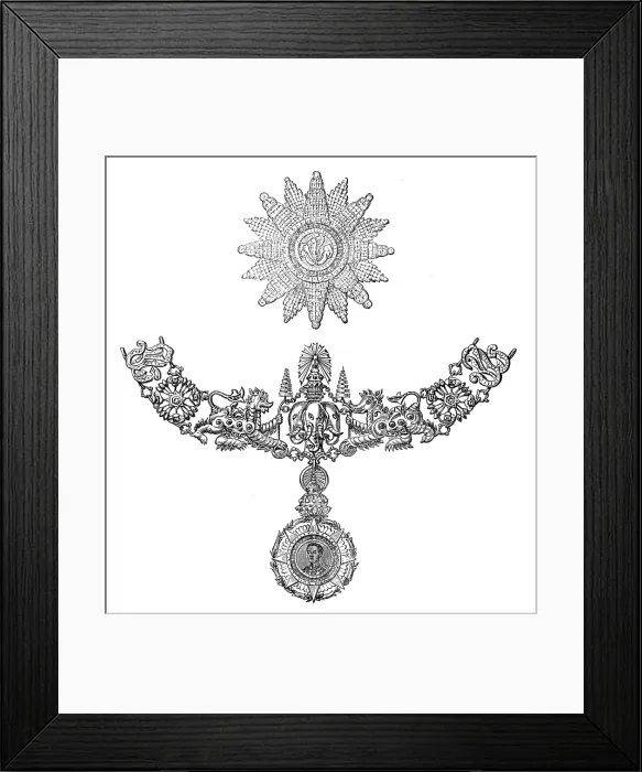 Framed Print : Badge, collar, and star of a new order of knighthood instituted by the King of Siam, 1874. Creator: Unknown Framed Print : Badge, collar, and star of a new order of knighthood instituted by the King of Siam, 1874. Creator: Unknown