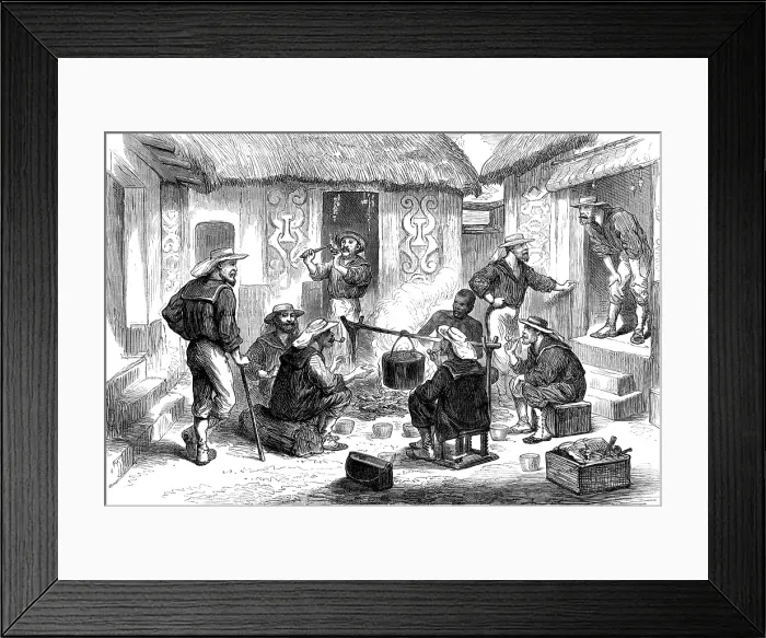 Framed Print : The Ashantee War: Naval Brigade men breakfasting in the courtyard of an Ashantee house, 1874. Creator: Unknown Framed Print : The Ashantee War: Naval Brigade men breakfasting in the courtyard of an Ashantee house, 1874. Creator: Unknown