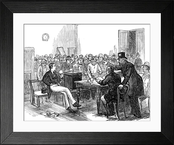 Framed Print : Metropolitan Boroughs election sketches: working men voting during the dinner hour, 1874. Creator: Unknown Framed Print : Metropolitan Boroughs election sketches: working men voting during the dinner hour, 1874. Creator: Unknown