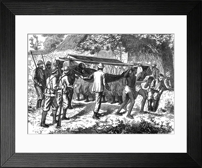 Framed Print : The Ashantee War: wounded officer of the 42nd borne from the field by native hammock-men, 1874. Creator: Unknown Framed Print : The Ashantee War: wounded officer of the 42nd borne from the field by native hammock-men, 1874. Creator: Unknown