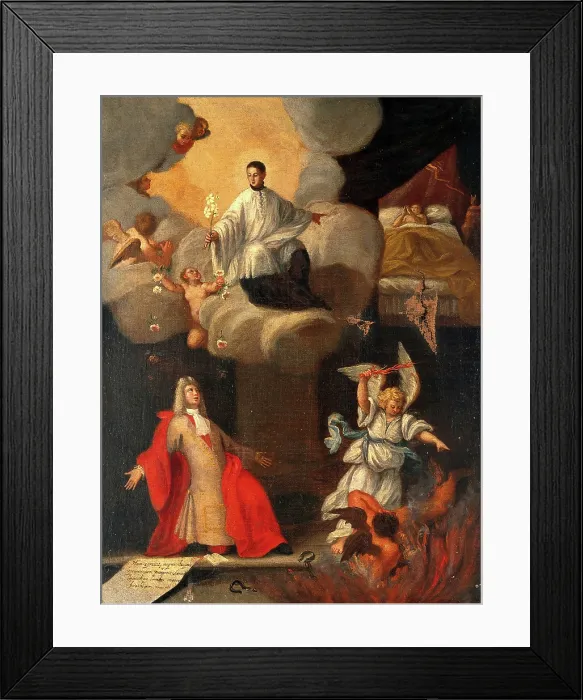 Framed Print : A man praying to a saint to assist in the cure of a sick child, devils departing, unknown date. Creator: Unknown