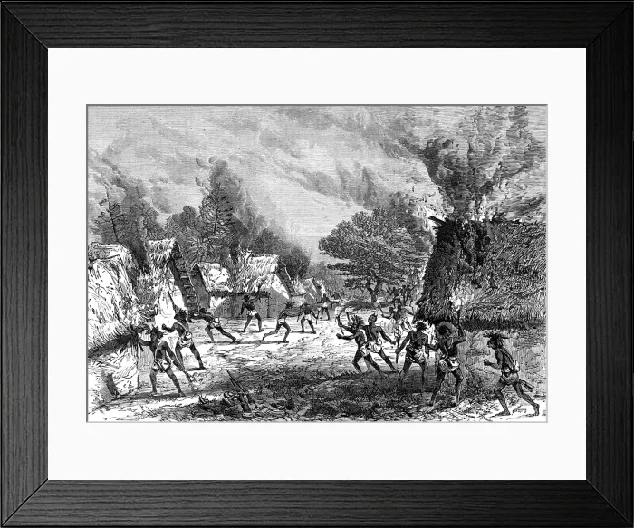 Framed Print : Sketches of the Ashantee War by our special artist: setting fire to a village, 1874. Creator: Unknown Framed Print : Sketches of the Ashantee War by our special artist: setting fire to a village, 1874. Creator: Unknown