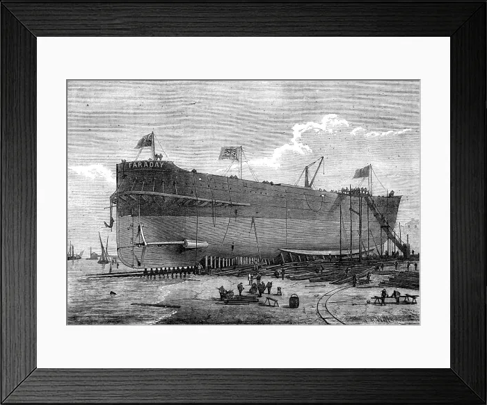 Framed Print : Launch of the Faraday, telegraph cable ship, 1874. Creator: Josiah Robert Wells Framed Print : Launch of the Faraday, telegraph cable ship, 1874. Creator: Josiah Robert Wells