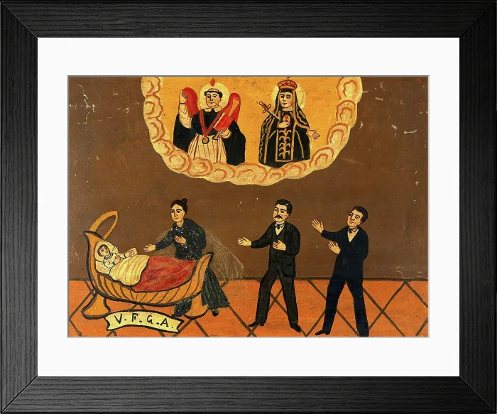 Framed Print : Two men and a woman praying for the health of a child, c1890. Creator: Unknown Framed Print : Two men and a woman praying for the health of a child, c1890. Creator: Unknown