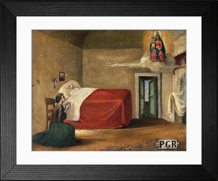 Framed Print : A woman in bed, a second woman kneeling beside her in prayer to the Virgin and Child, 19th century. Creator: Unknown Framed Print : A woman in bed, a second woman kneeling beside her in prayer to the Virgin and Child, 19th century. Creator: Unknown