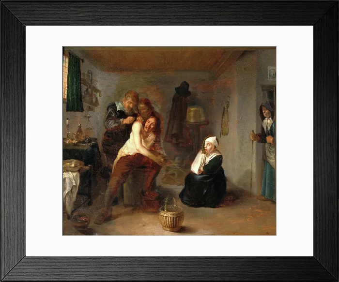 Framed Print : Interior with a surgeon operating on a man's back, c1670s. Creator: Gerrit Lundens. Interior with a surgeon operating on a man's back, c1670s. Creator: Gerrit Lundens