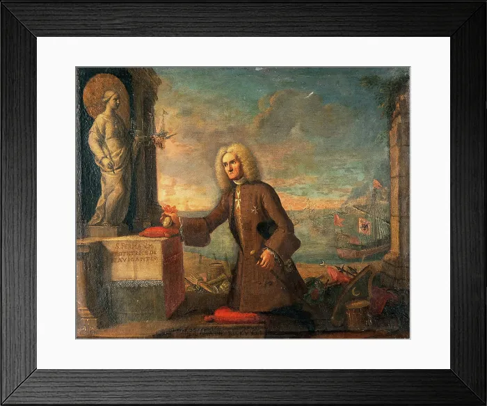 Framed Print : A man presenting a votive offering to Saint Fermina as protector of navigators. Creator: Unknown Framed Print : A man presenting a votive offering to Saint Fermina as protector of navigators. Creator: Unknown