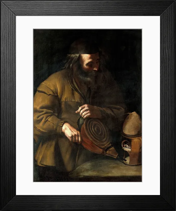 Framed Print : An alchemist applying bellows to a fire beneath a retort, 18th (?) century. Creator: Unknown Framed Print : An alchemist applying bellows to a fire beneath a retort, 18th (?) century. Creator: Unknown