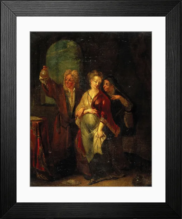 Framed Print : A physician examining the urine of a pregnant girl, 18th century. Creator: Unknown Framed Print : A physician examining the urine of a pregnant girl, 18th century. Creator: Unknown