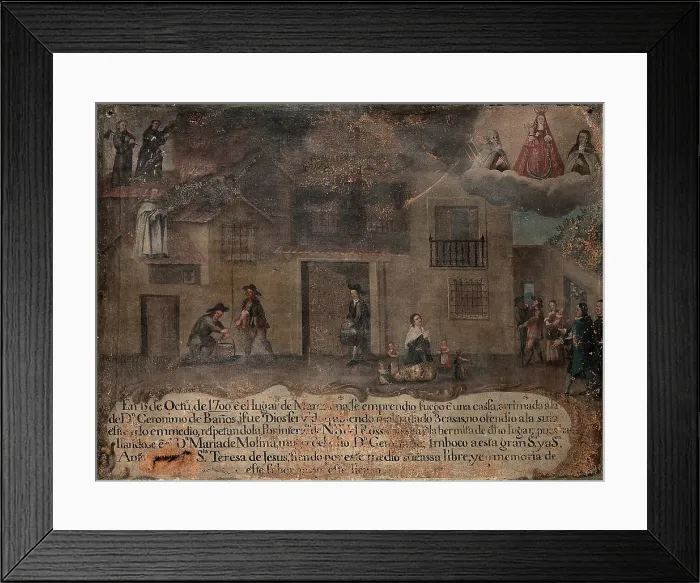 Framed Print : The house of Don Geronimo de Banos being rescued from fire by the Virgin, St Anthony...1700, 1700. Creator: Unknown Framed Print : The house of Don Geronimo de Banos being rescued from fire by the Virgin, St Anthony...1700, 1700. Creator: Unknown