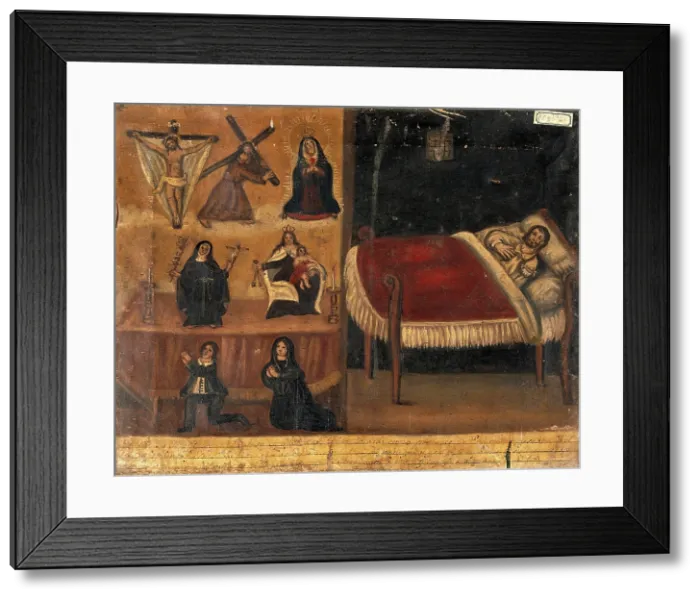 Framed Print : Pedro Diaz Platas with a broken arm (?), his wife (?) and son praying for him after an...1861. Creator: Unknown Framed Print : Pedro Diaz Platas with a broken arm (?), his wife (?) and son praying for him after an...1861. Creator: Unknown