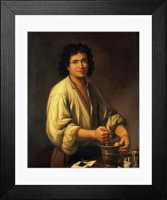 Framed Print : An apothecary (a man using pestle and mortar), 18th century. Creator: Unknown Framed Print : An apothecary (a man using pestle and mortar), 18th century. Creator: Unknown