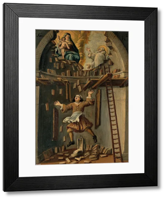 Framed Print : A builder falling from a platform in an apse, St Bruno (?) interceding with the... 18th / 19th cent. Creator: Unknown Framed Print : A builder falling from a platform in an apse, St Bruno (?) interceding with the... 18th / 19th cent. Creator: Unknown