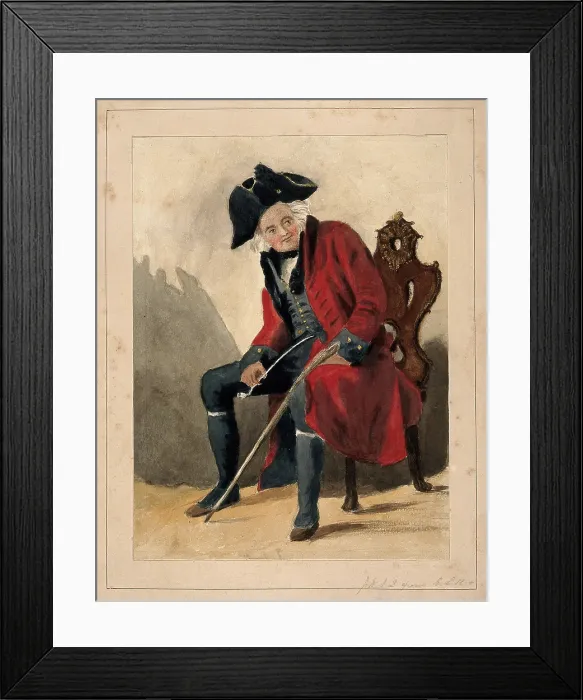 Framed Print : A Chelsea Pensioner, seated, wearing a red coat and tricorn hat, holding a pipe and a stick, 1750. Creator: Unknown Framed Print : A Chelsea Pensioner, seated, wearing a red coat and tricorn hat, holding a pipe and a stick, 1750. Creator: Unknown