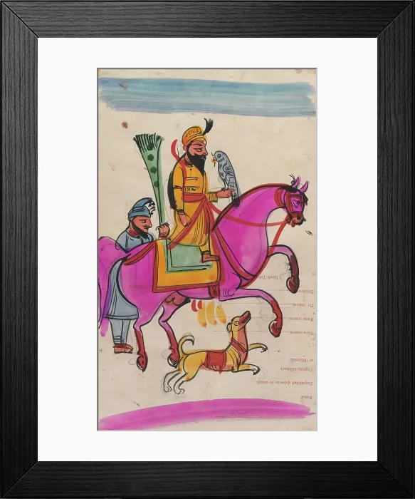 Framed Print : Sikh man with a falcon on horseback, identified as Guru Gobind Singh. Creator: Unknown Framed Print : Sikh man with a falcon on horseback, identified as Guru Gobind Singh. Creator: Unknown