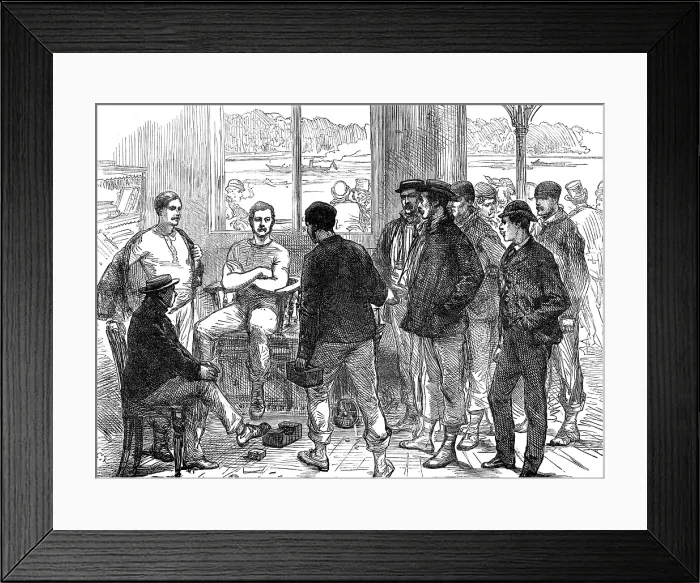Framed Print : The Universities Boat-Race on the Thames: weighing the crew, 1874. Creator: Unknown. The Universities Boat-Race on the Thames: weighing the crew, 1874. Creator: Unknown Framed Print : The Universities Boat-Race on the Thames: weighing the crew, 1874. Creator: Unknown. The Universities Boat-Race on the Thames: weighing the crew, 1874. Creator: Unknown