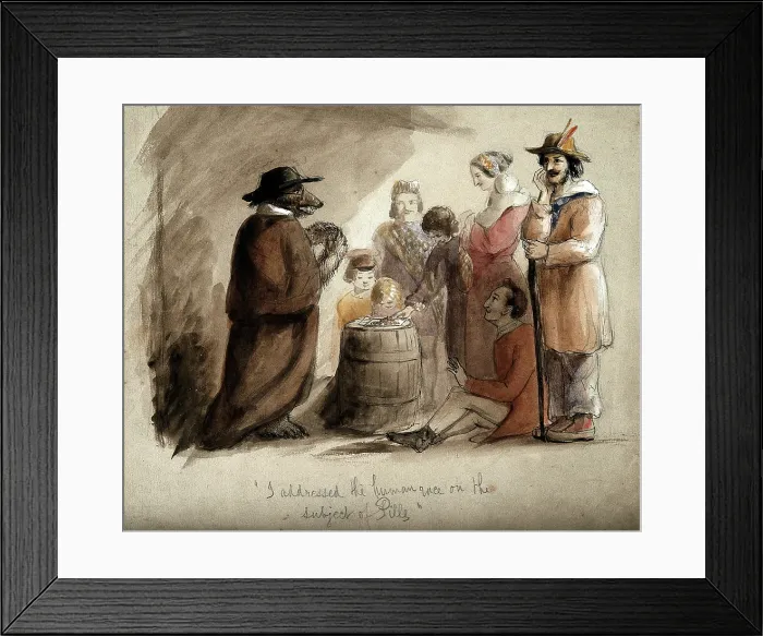 Framed Print : A bear wearing a hat and a cloak, selling pills to a group of country folk in Leipzig. Creator: John Frederick Tayler Framed Print : A bear wearing a hat and a cloak, selling pills to a group of country folk in Leipzig. Creator: John Frederick Tayler