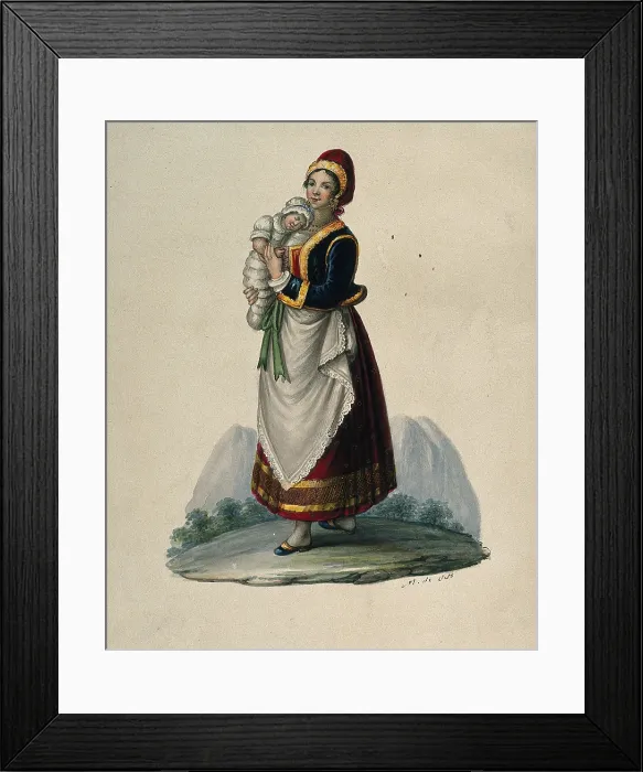 Framed Print : A wet-nurse dressed in Neapolitan costume holding a baby. Creator: M de Sate Framed Print : A wet-nurse dressed in Neapolitan costume holding a baby. Creator: M de Sate