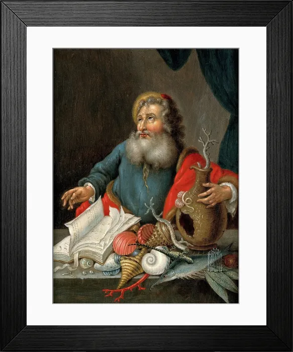 Framed Print : A man with coral, shells, fish, and a book, 17th (?) century. Creator: Unknown Framed Print : A man with coral, shells, fish, and a book, 17th (?) century. Creator: Unknown