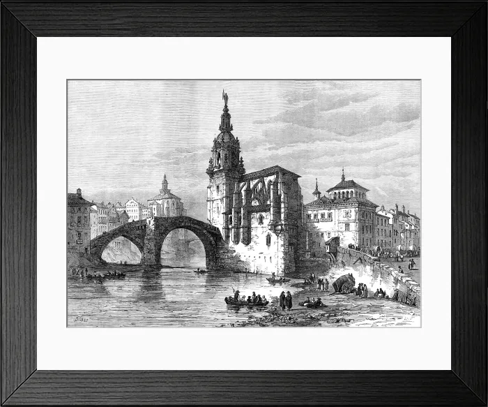 Framed Print : The Civil War in Spain: view in Bilbao - the church and bridge at St. Antonio, 1874. see 0580033139 Creator: Unknown Framed Print : The Civil War in Spain: view in Bilbao - the church and bridge at St. Antonio, 1874. see 0580033139 Creator: Unknown