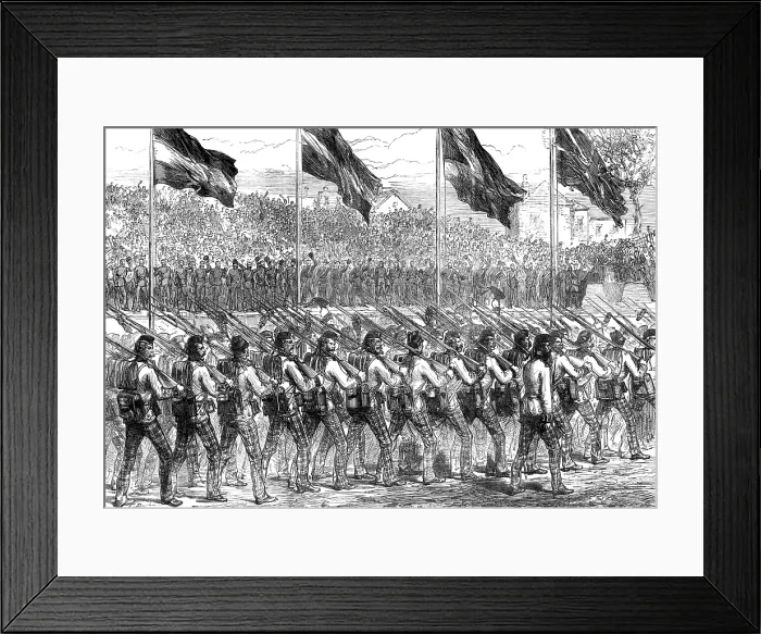 Framed Print : Return of troops from Ashantee: Black Watch (42nd Highlanders) marching to Governor's Green... 1874 Creator: Unknown Framed Print : Return of troops from Ashantee: Black Watch (42nd Highlanders) marching to Governor's Green... 1874 Creator: Unknown