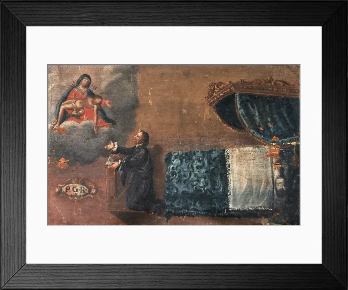 Framed Print : A man, having recovered from sickness, gives thanks to the Virgin of the Seven Sorrows. Creator: Unknown Framed Print : A man, having recovered from sickness, gives thanks to the Virgin of the Seven Sorrows. Creator: Unknown