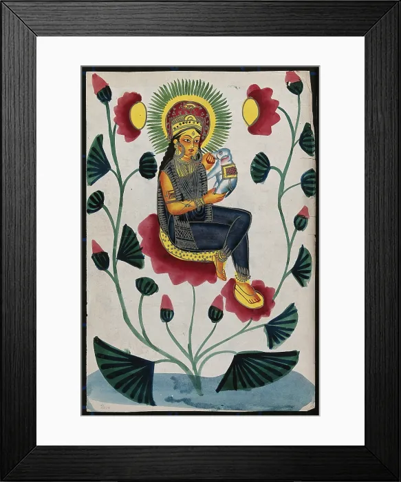 Framed Print : A goddess on a flowering plant holding a baby elephant, could either be Lakshmi or Parvati. Creator: Unknown Framed Print : A goddess on a flowering plant holding a baby elephant, could either be Lakshmi or Parvati. Creator: Unknown