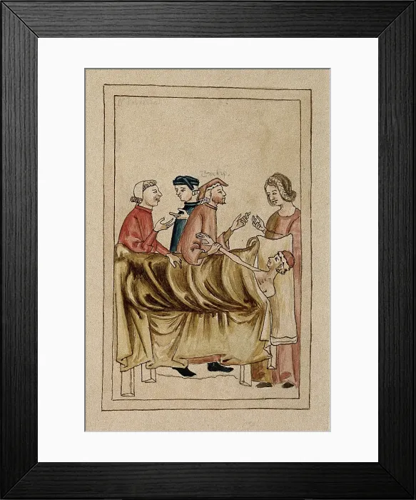 Framed Print : A sick man lies in bed while a physician takes his pulse and others consult. Creator: Unknown Framed Print : A sick man lies in bed while a physician takes his pulse and others consult. Creator: Unknown