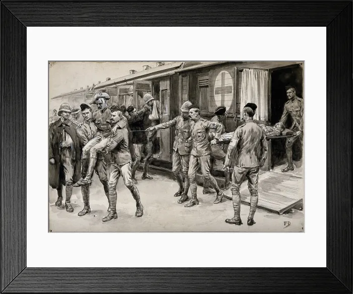 Framed Print : Boer War: wounded soldiers being escorted off the hospital train at Durban from Ladysmith, 1899. Creator: Frank Dadd Framed Print : Boer War: wounded soldiers being escorted off the hospital train at Durban from Ladysmith, 1899. Creator: Frank Dadd