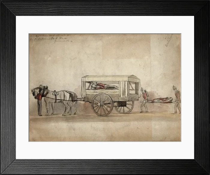 Framed Print : A horse-drawn military ambulance, c1850, with one patient being carried on a stretcher, 1850. Creator: Unknown Framed Print : A horse-drawn military ambulance, c1850, with one patient being carried on a stretcher, 1850. Creator: Unknown