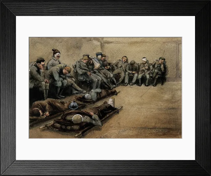 Framed Print : Russo-Japanese War: wounded soldiers slouched on benches and on stretchers on a stone floor. Creator: Unknown Framed Print : Russo-Japanese War: wounded soldiers slouched on benches and on stretchers on a stone floor. Creator: Unknown