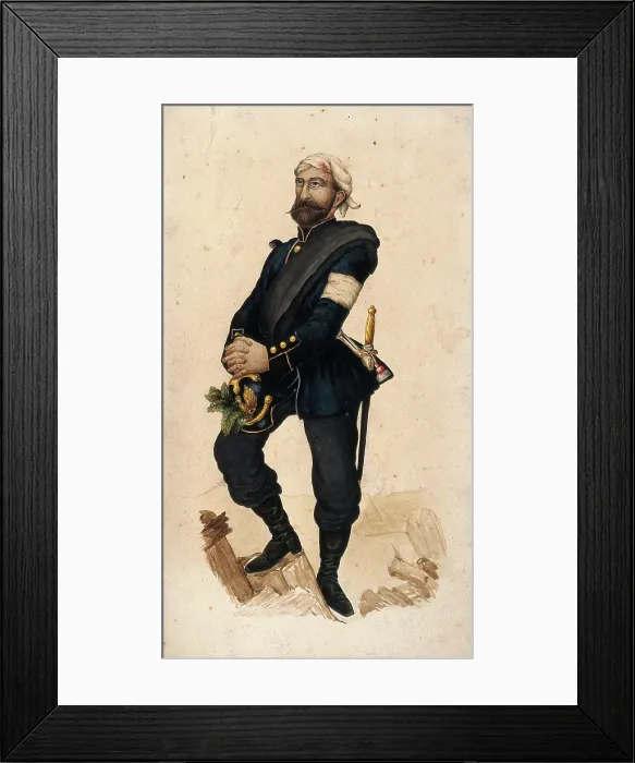 Framed Print : A soldier with wounded head who has inserted medicinal plants in his helmet. Creator: Unknown Framed Print : A soldier with wounded head who has inserted medicinal plants in his helmet. Creator: Unknown