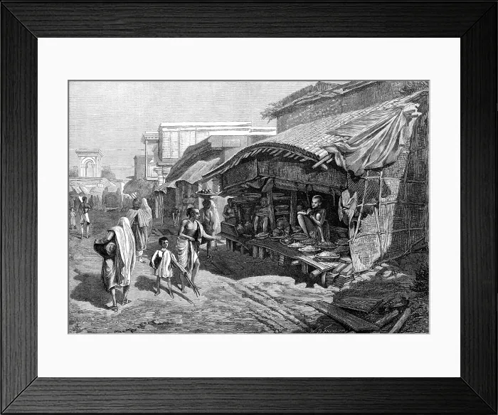 Framed Print : Native shop in Bazaar-Street, Calcutta, 1874. Creator: Unknown Framed Print : Native shop in Bazaar-Street, Calcutta, 1874. Creator: Unknown