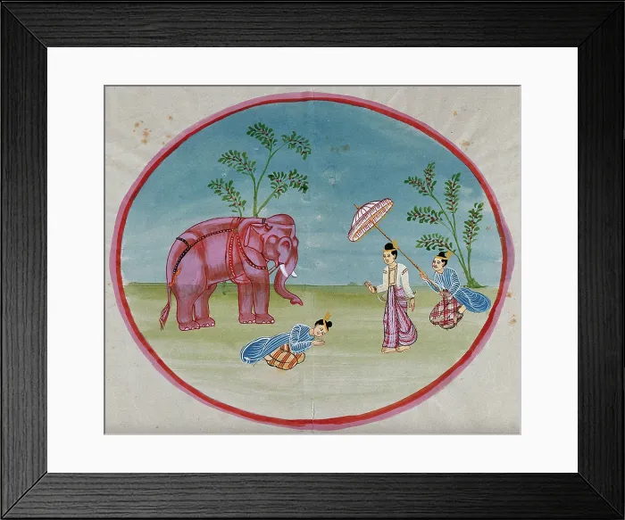 Framed Print : Burma: a lady attended by a servant bringing an elephant and another... between 1800 and 1899. Creator: Unknown Framed Print : Burma: a lady attended by a servant bringing an elephant and another... between 1800 and 1899. Creator: Unknown